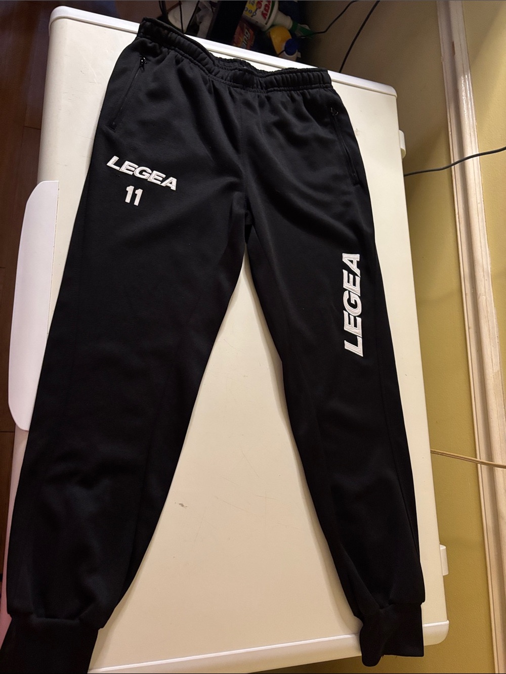 LEGEA XS Black Athletic Pants with White Logo. Waist measures 25”.